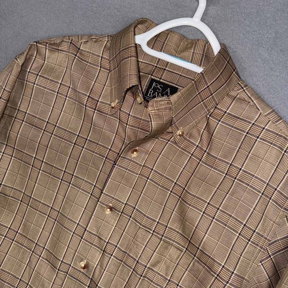 Jos. A. Bank Shirt Mens Small Brown Plaid Traveler Tailored Fit Cotton Dress